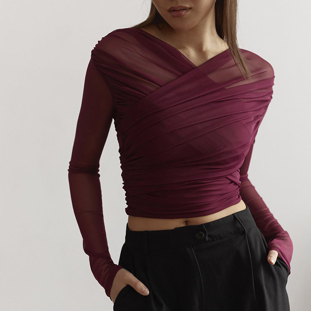 Women V-Neck Long Sleeves Crop Top