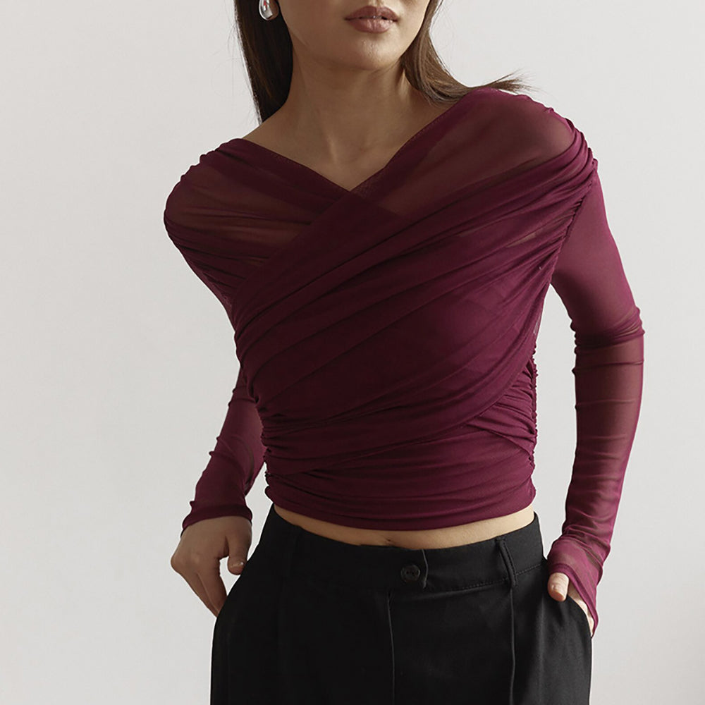 Women V-Neck Long Sleeves Crop Top
