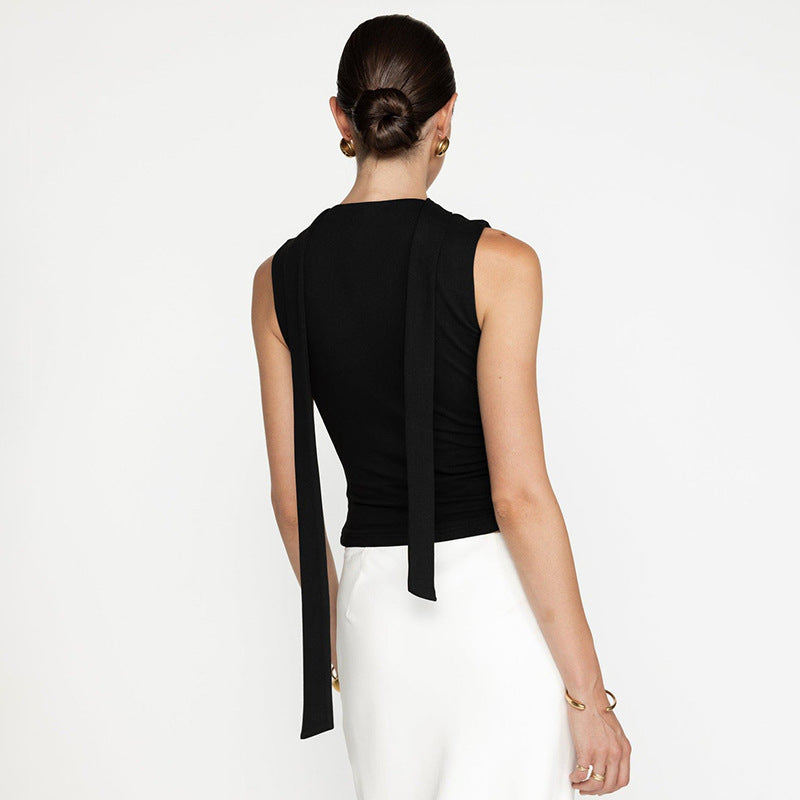 Women Solid Scarf Neck Sleeveless Top