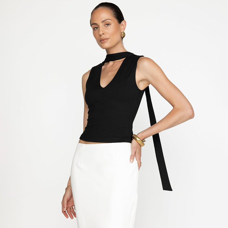 Women Solid Scarf Neck Sleeveless Top