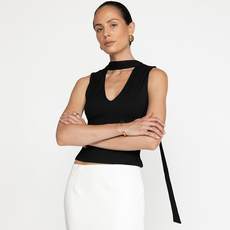 Women Solid Scarf Neck Sleeveless Top