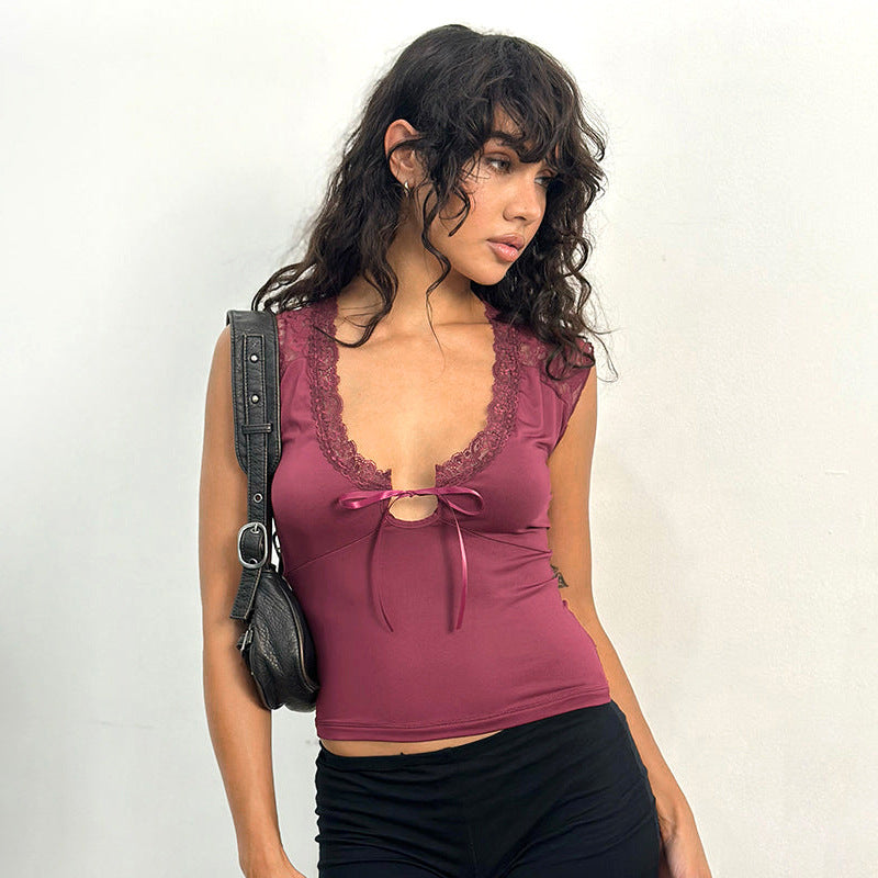 Women Lace Inserts Detail Tie-Up Neck Top