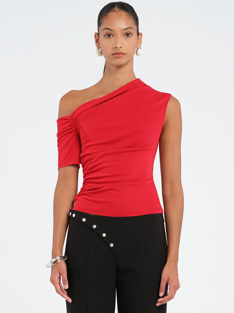 Women One Shoulder Puff Sleeve Fitted Top