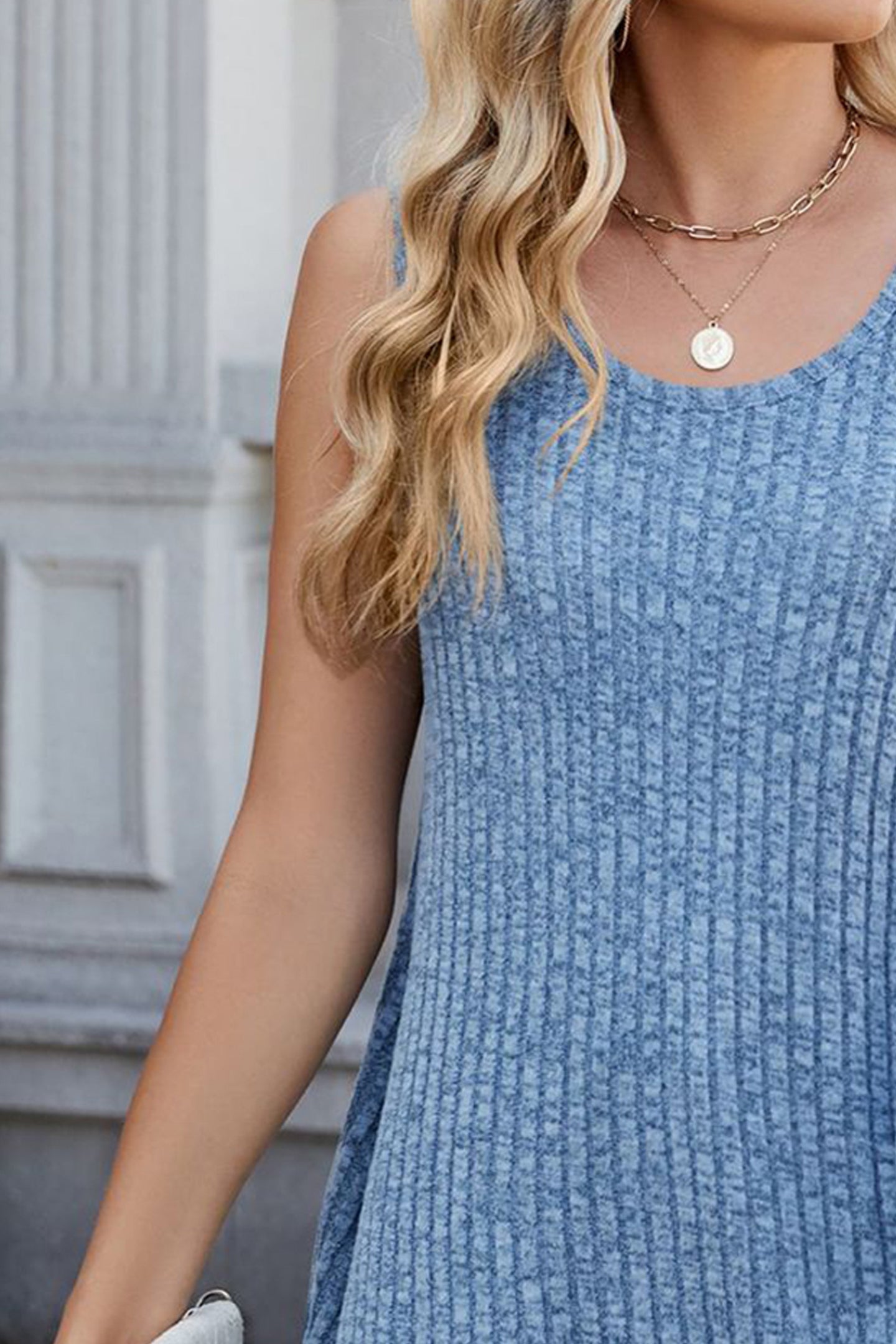 Women Blue Ribbed Sleeveless Top