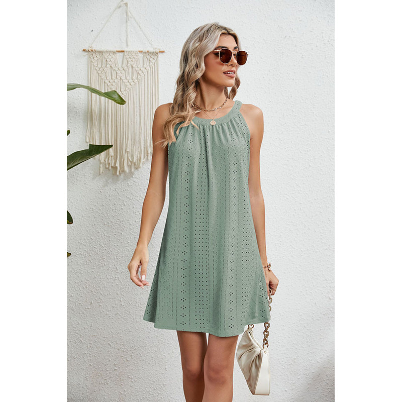 Green Geometric Sleeveless A-Line Dress