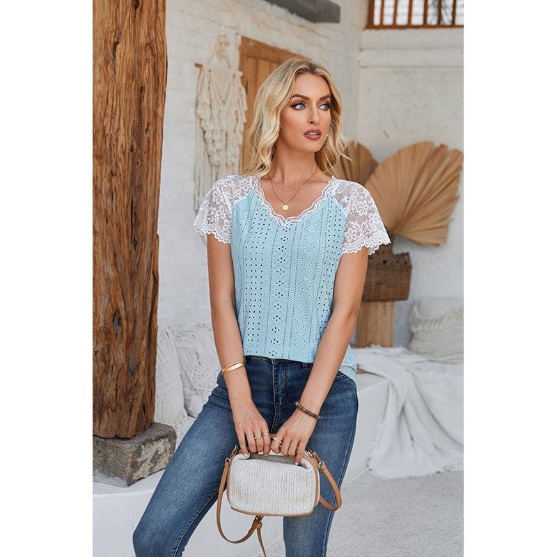 Self Design Short Sleeves V-Neck Top