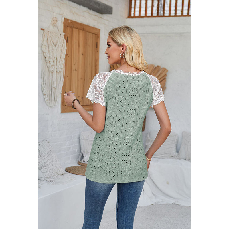 Green V Neck Short Sleeves Self Design Top