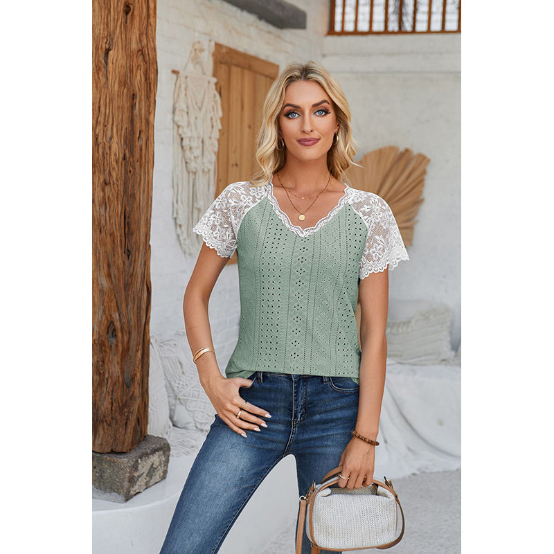 Green V Neck Short Sleeves Self Design Top