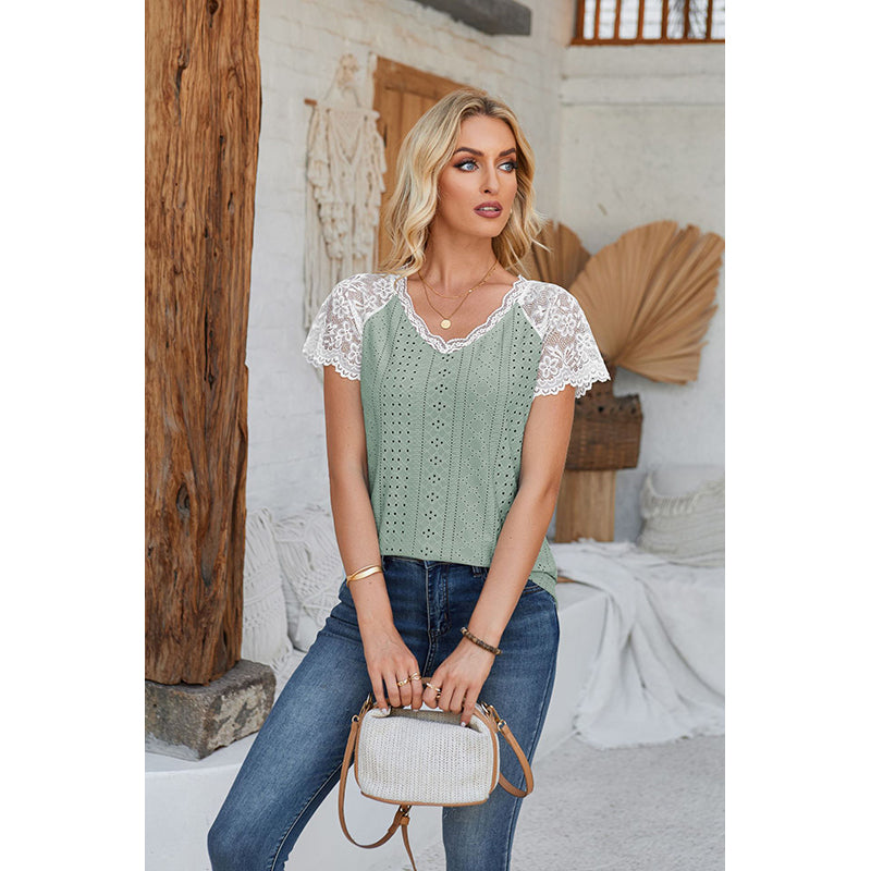 Green V Neck Short Sleeves Self Design Top