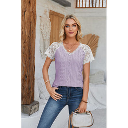 Self Design V-Neck Lace Inserts Schiffli Top