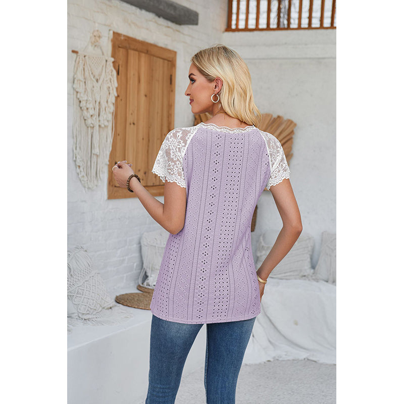 Self Design V-Neck Lace Inserts Schiffli Top