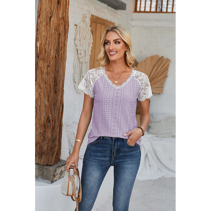 Self Design V-Neck Lace Inserts Schiffli Top