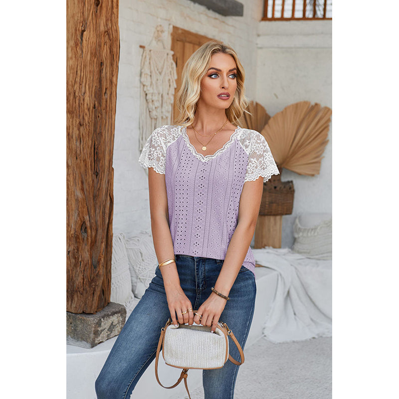 Self Design V-Neck Lace Inserts Schiffli Top