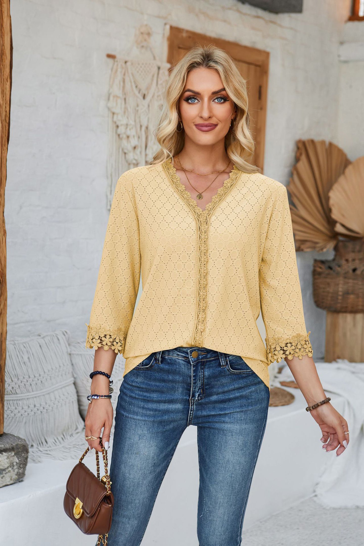 Women V-Neck Top With Lace Detailed