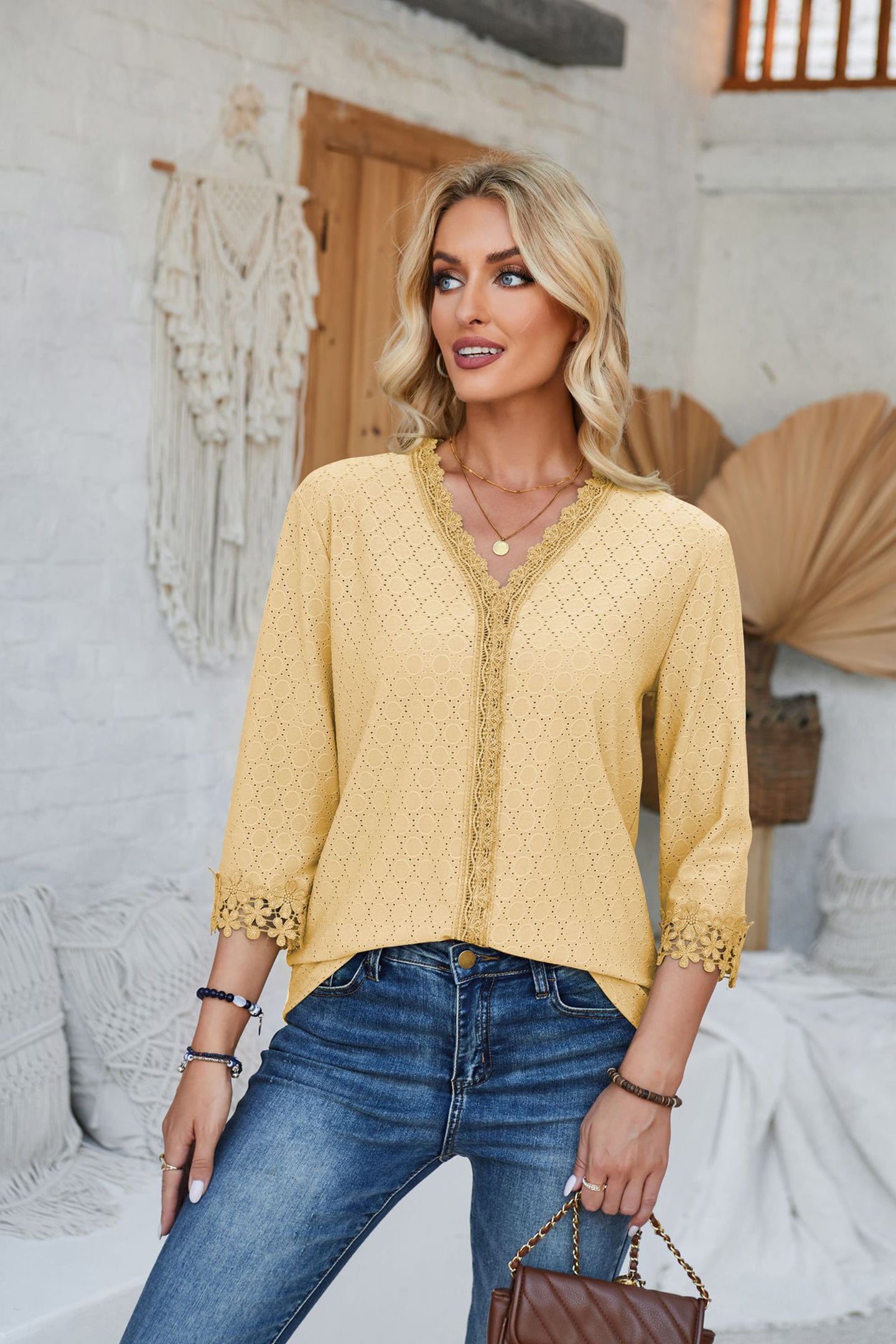 Women V-Neck Top With Lace Detailed