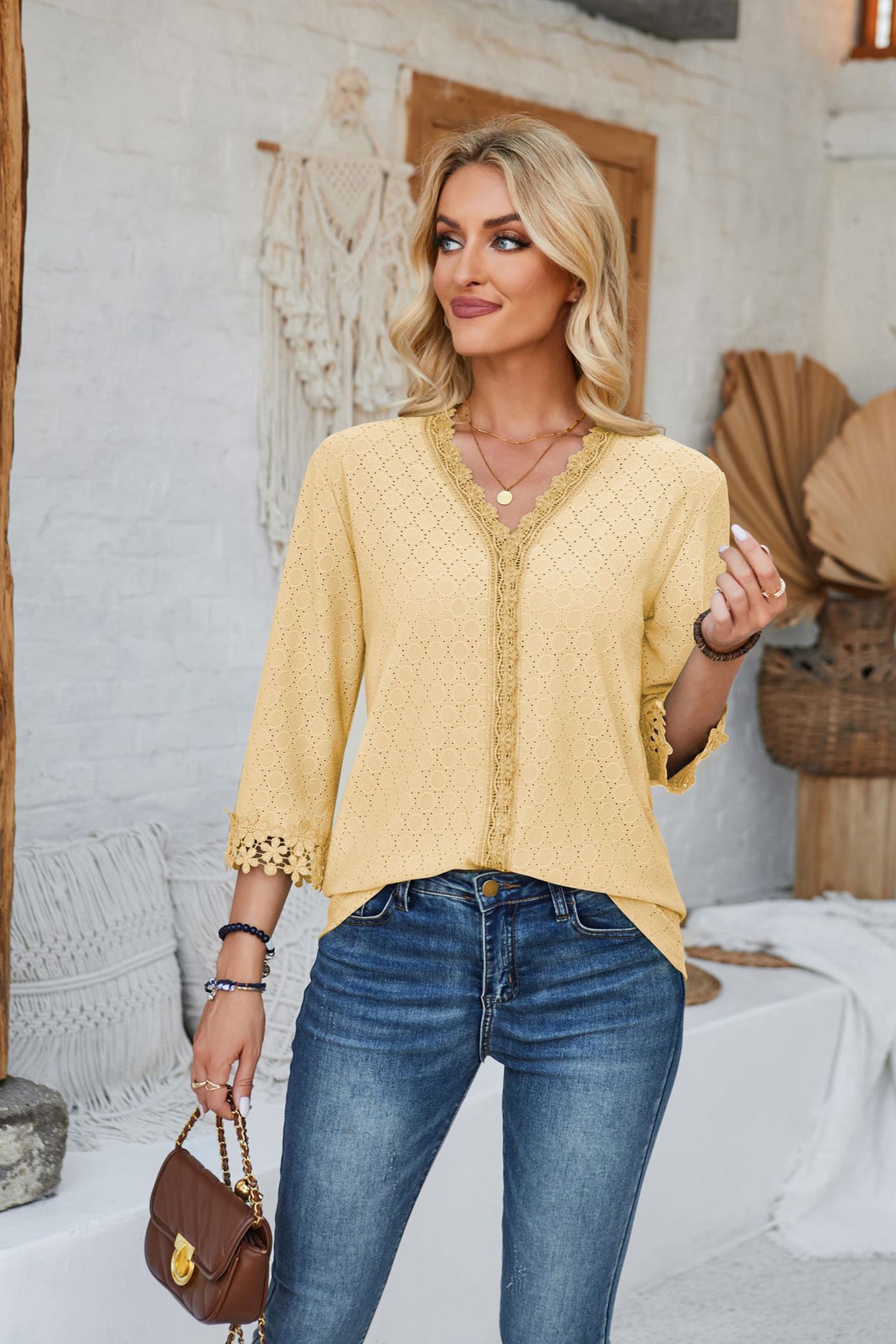 Women V-Neck Top With Lace Detailed