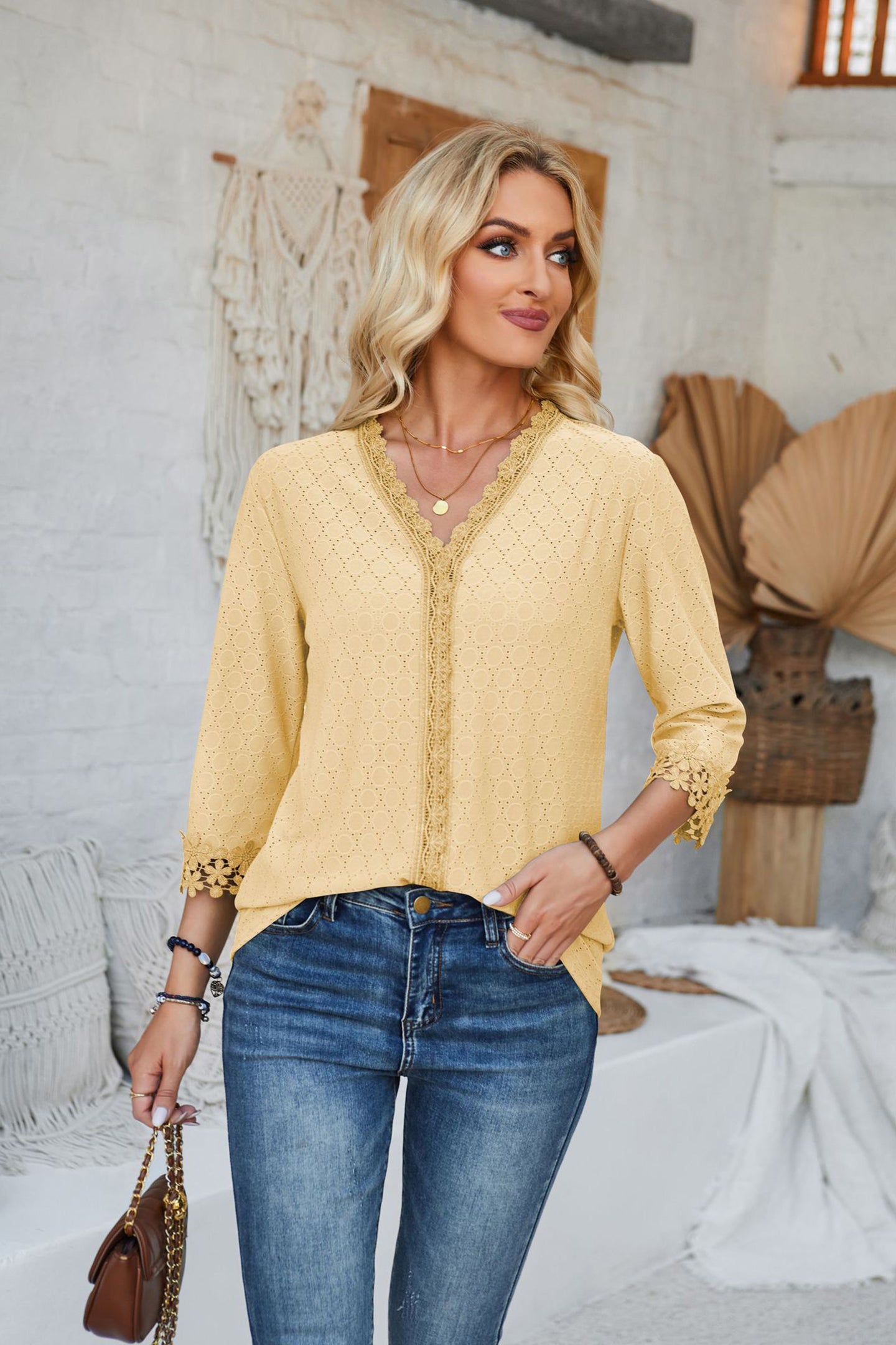 Women V-Neck Top With Lace Detailed