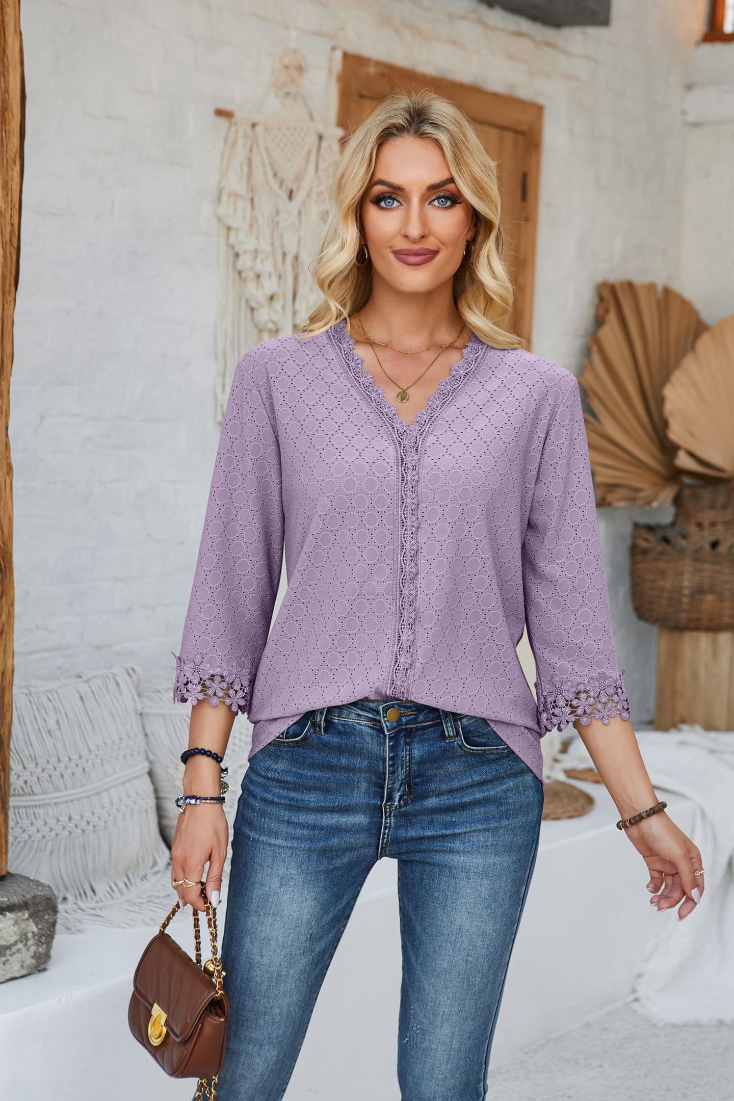 StyleCast Purple V-Neck Three-Quarter Sleeve Top