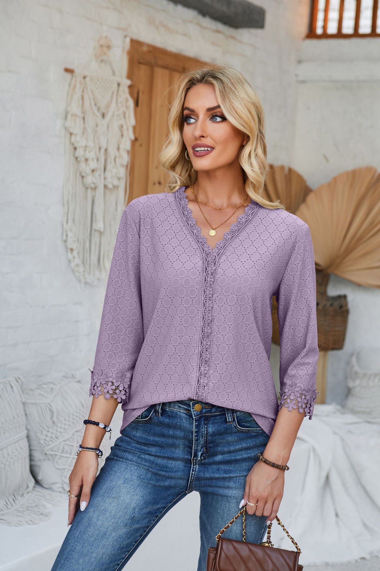 StyleCast Purple V-Neck Three-Quarter Sleeve Top