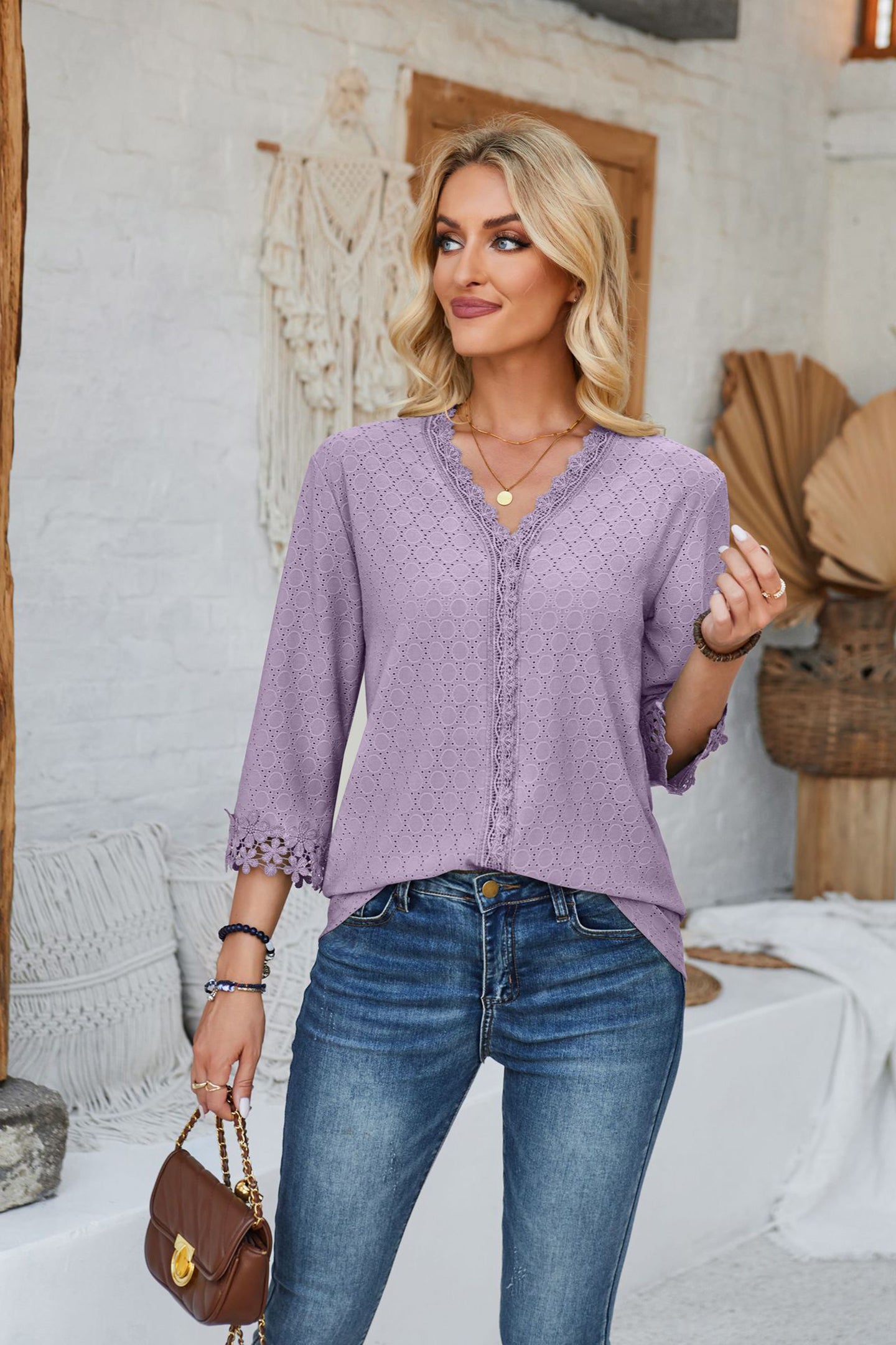 StyleCast Purple V-Neck Three-Quarter Sleeve Top