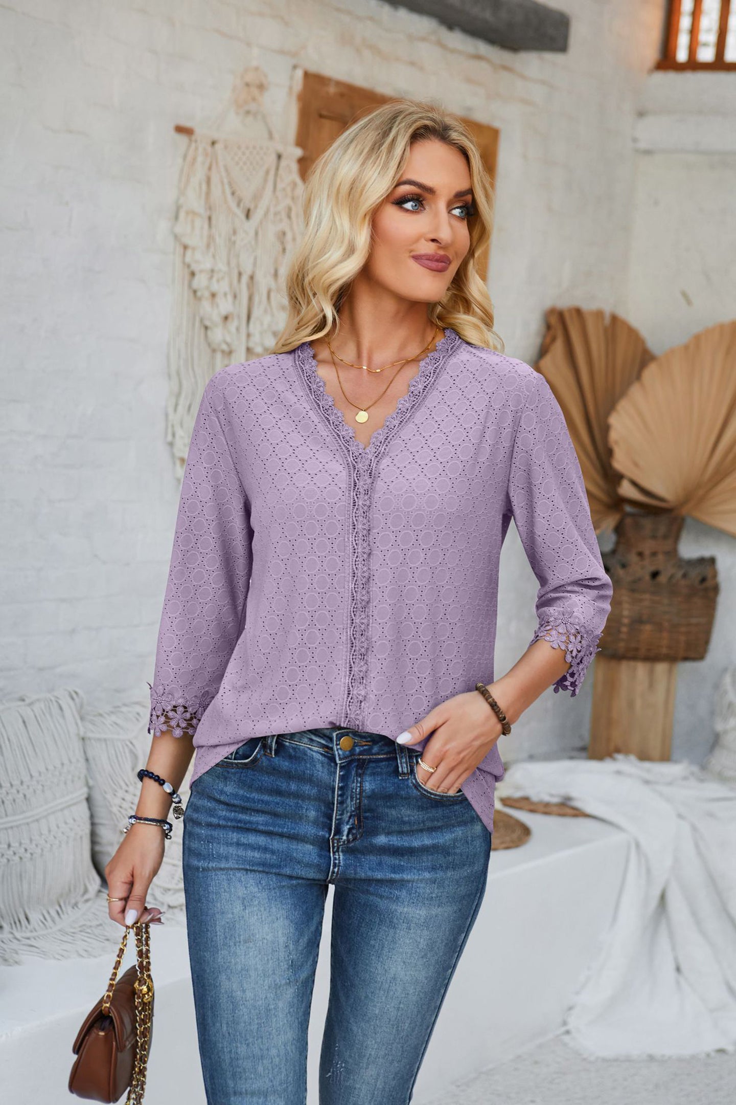 StyleCast Purple V-Neck Three-Quarter Sleeve Top