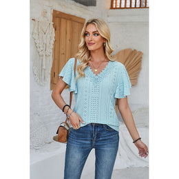 Blue V-Neck Flutter Sleeve Top