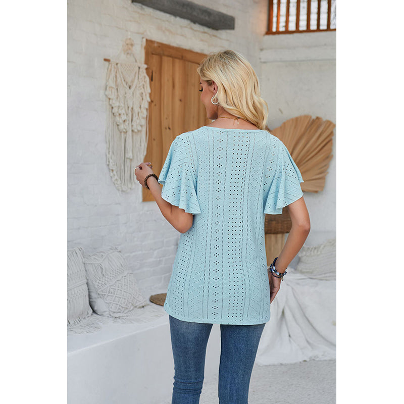 Blue V-Neck Flutter Sleeve Top