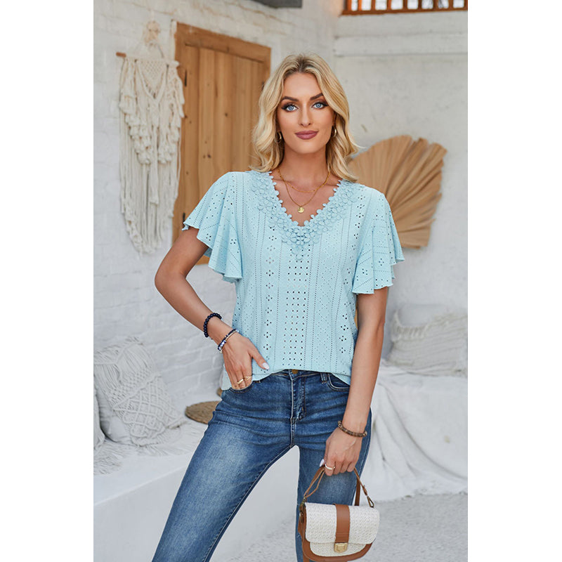 Blue V-Neck Flutter Sleeve Top