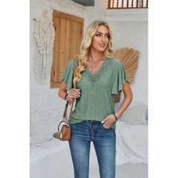 Green Self Design V-Neck Flutter Sleeve Top