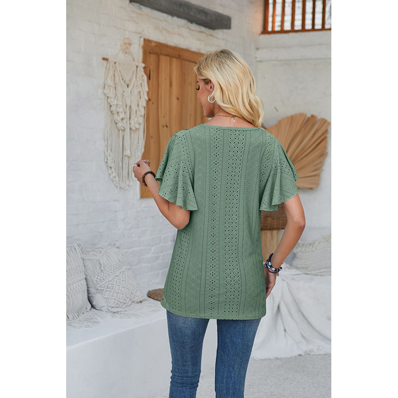 Green Self Design V-Neck Flutter Sleeve Top