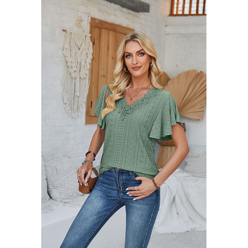 Green Self Design V-Neck Flutter Sleeve Top