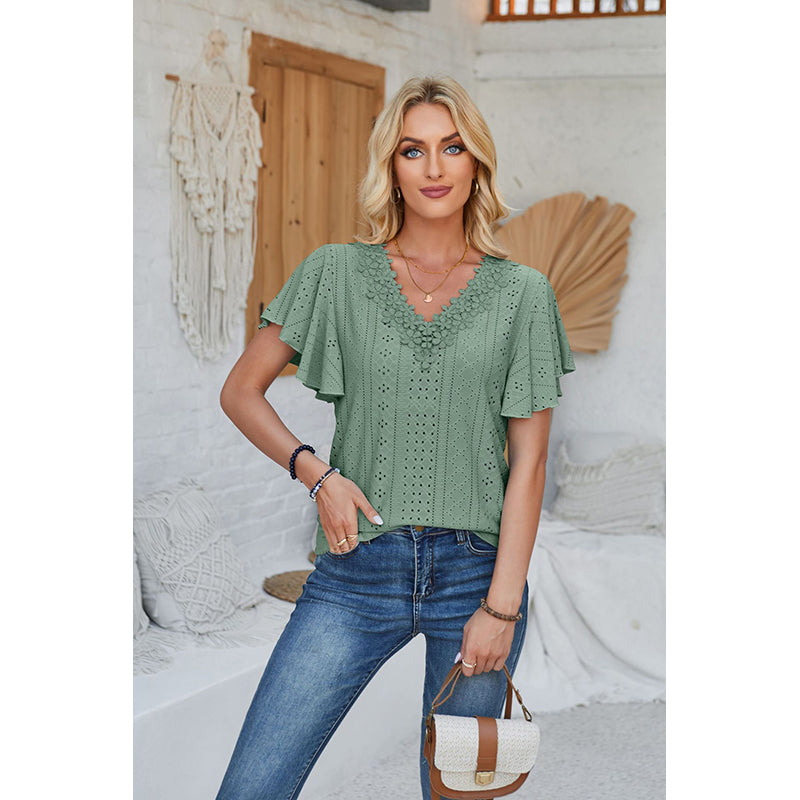 Green Self Design V-Neck Flutter Sleeve Top
