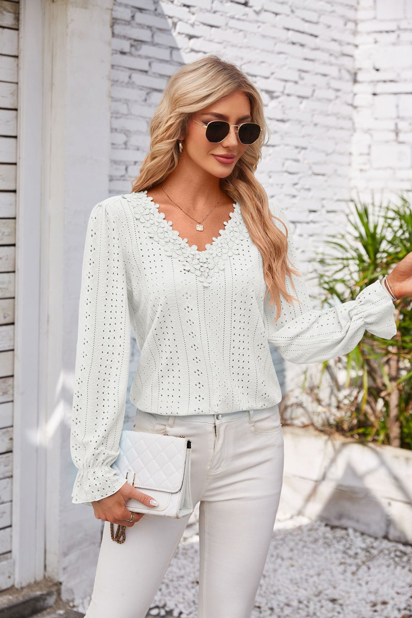 Schiffli V-Neck Regular Top