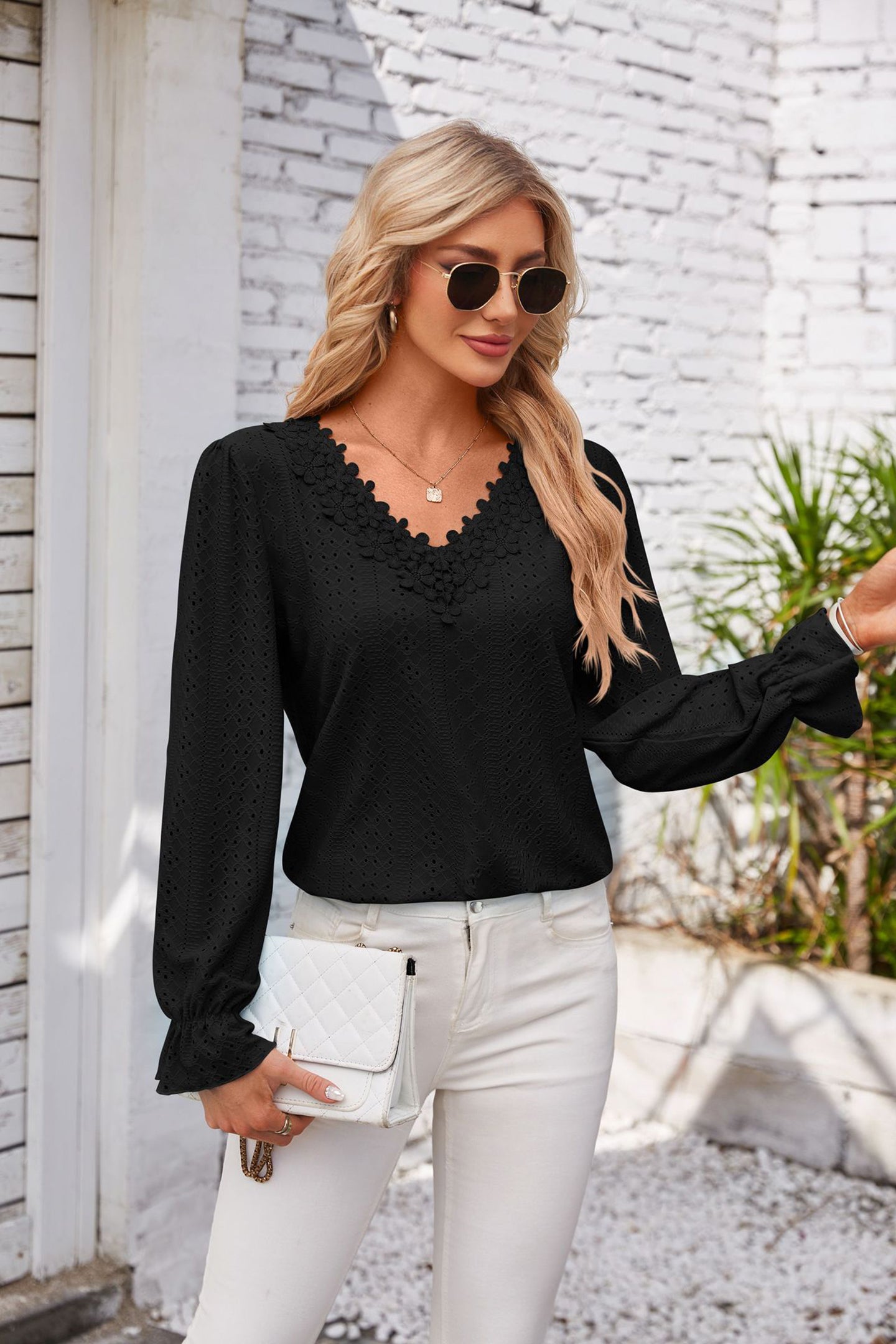 Women Self Design V-neck Long Sleeves Top