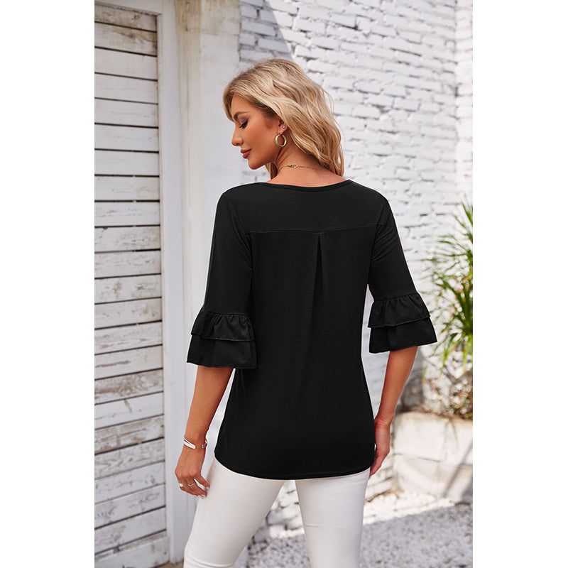 Black Square Neck Bell Sleeves Georgette Top