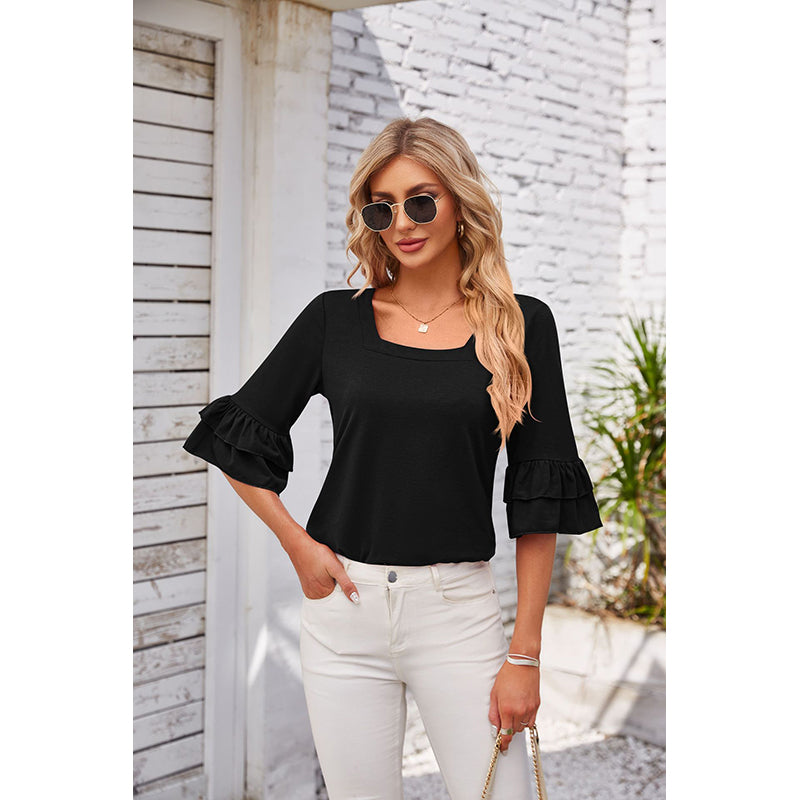 Black Square Neck Bell Sleeves Georgette Top