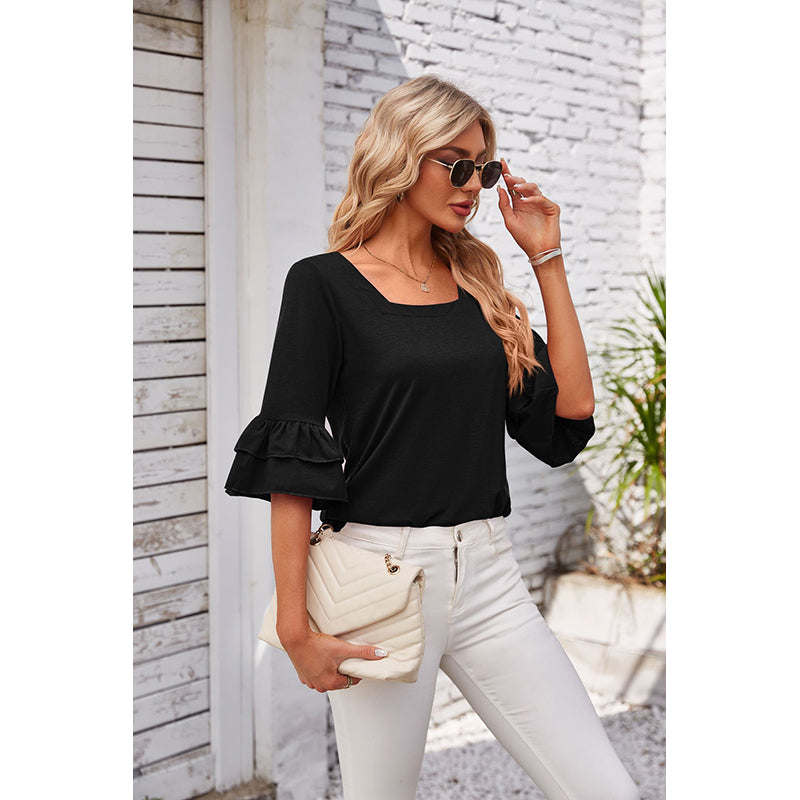 Black Square Neck Bell Sleeves Georgette Top