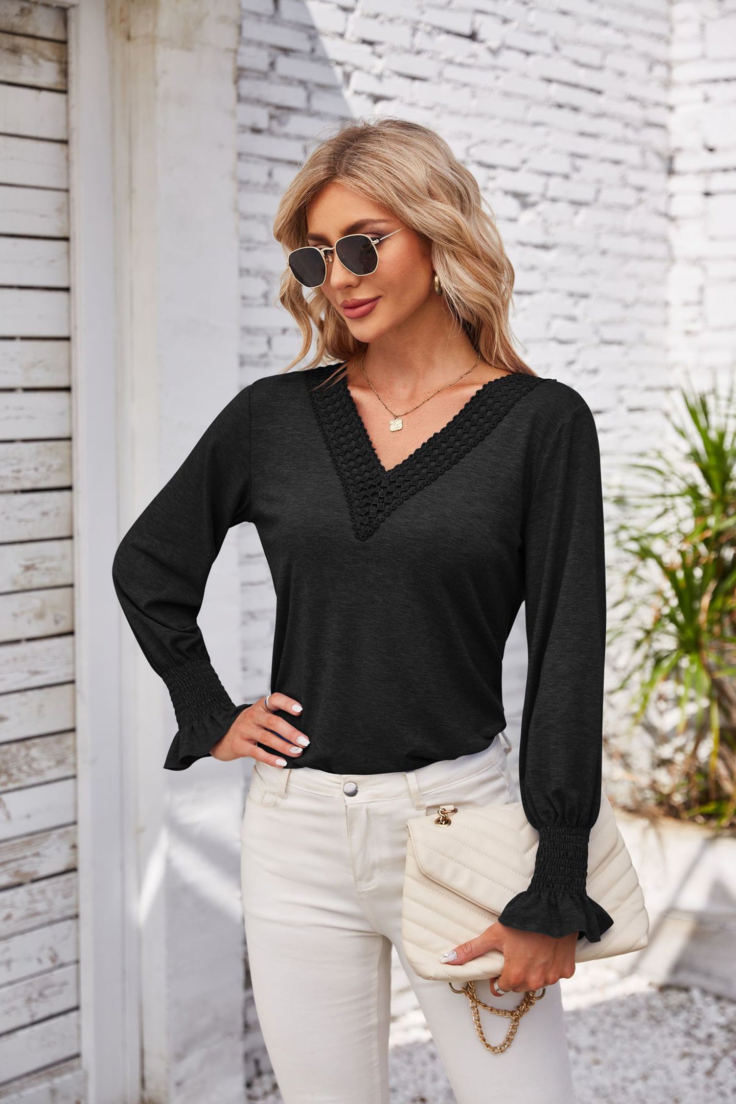Women V-neck Long Sleeves Top