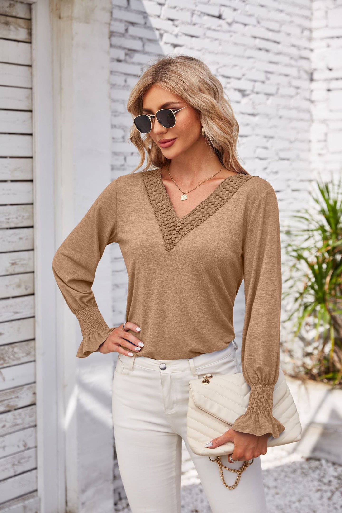 Women V-Neck Applique Peplum Top