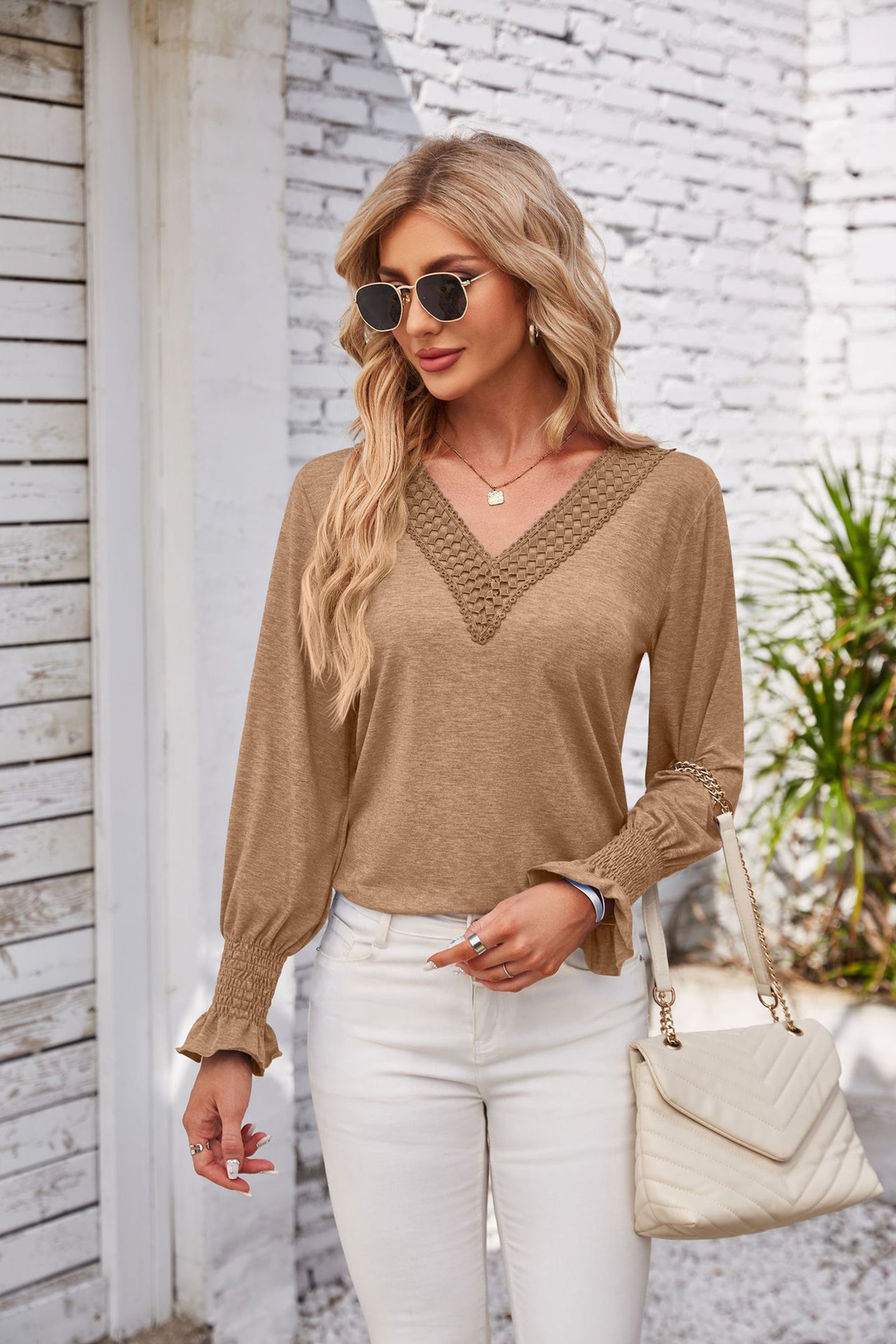 Women V-Neck Applique Peplum Top