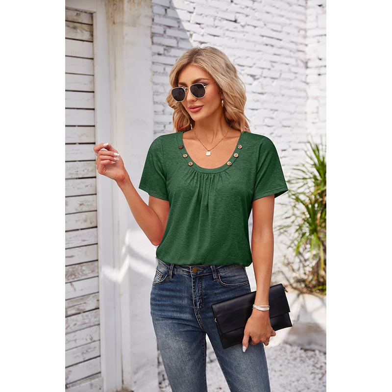 Green Scoop Neck Short Sleeves Top