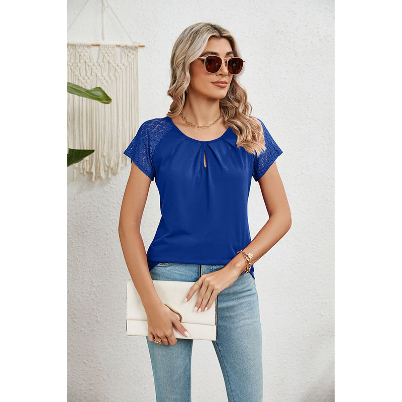 Blue Crochet Keyhole Neck Top