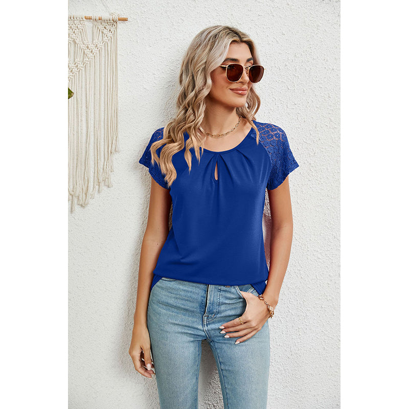 Blue Crochet Keyhole Neck Top