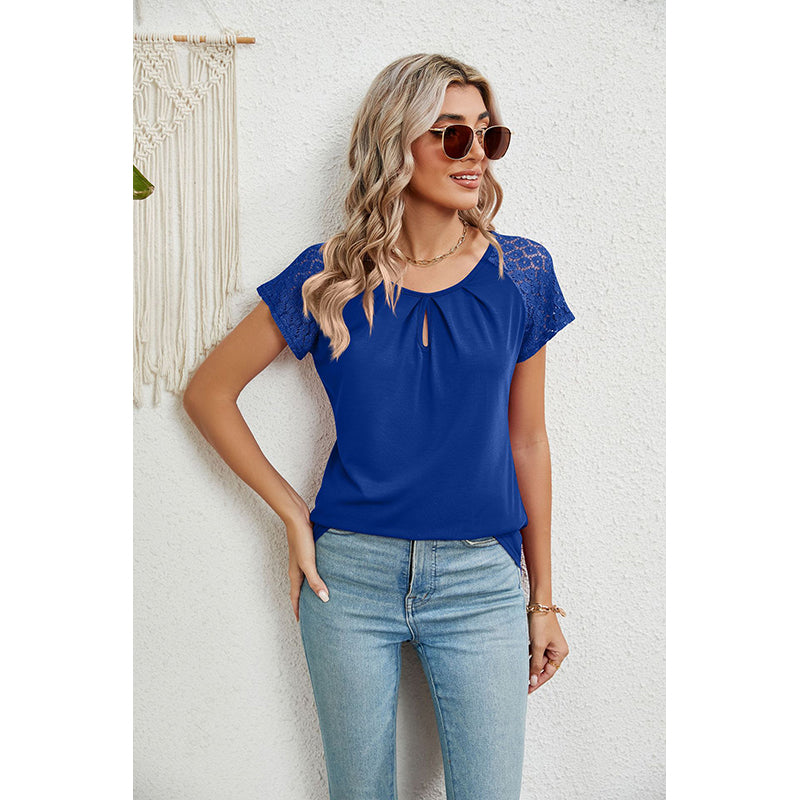 Blue Crochet Keyhole Neck Top