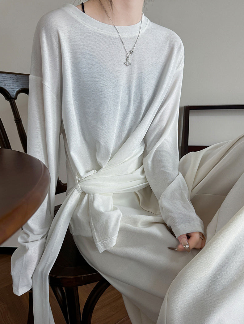Women Waist Tie-Ups Extended Sleeves Longline Top