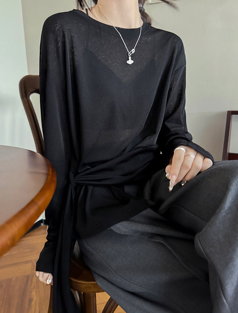 Women Solid Extended Sleeves Crepe Longline Top
