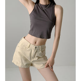 Women Solid Round Neck Tank Crop Top