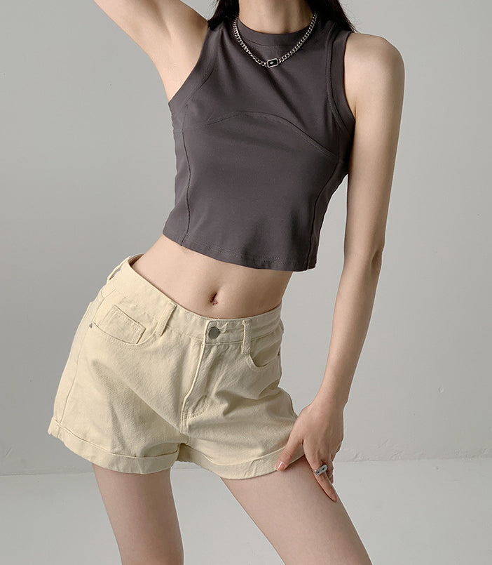 Women Solid Round Neck Tank Crop Top