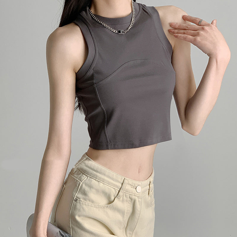 Women Solid Round Neck Tank Crop Top