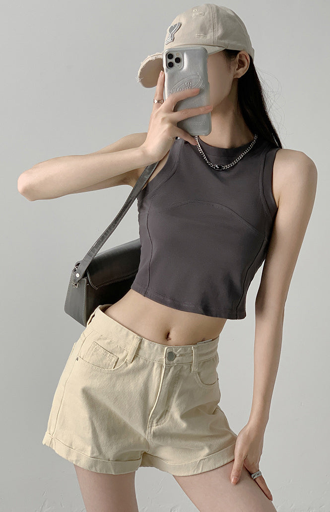 Women Solid Round Neck Tank Crop Top